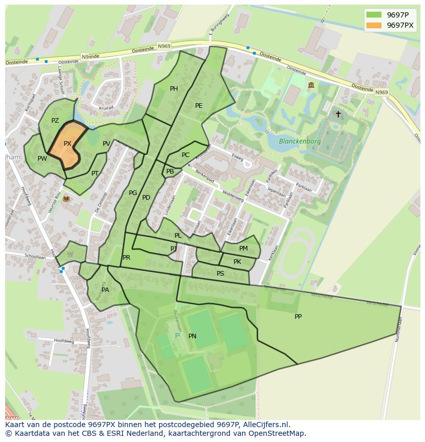 Afbeelding van het postcodegebied 9697 PX op de kaart.