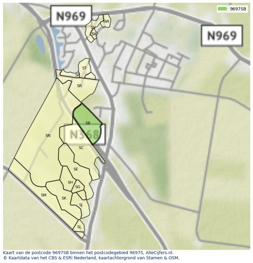 Afbeelding van het postcodegebied 9697 SB op de kaart.