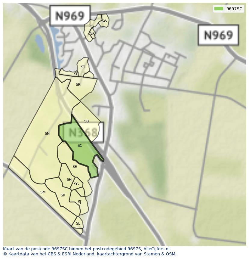 Afbeelding van het postcodegebied 9697 SC op de kaart.