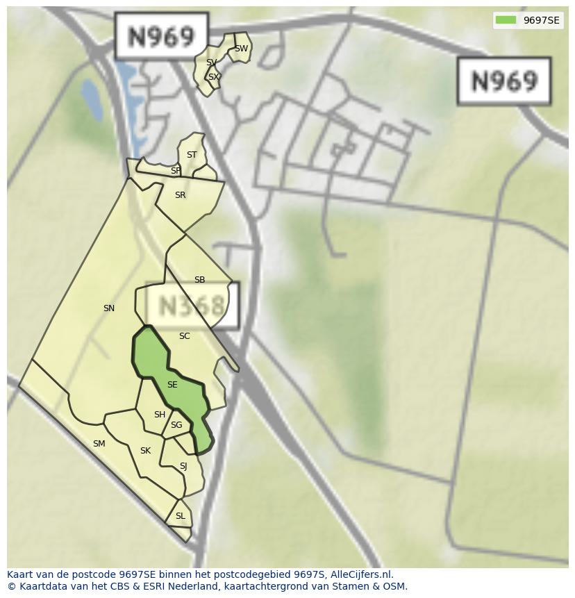 Afbeelding van het postcodegebied 9697 SE op de kaart.
