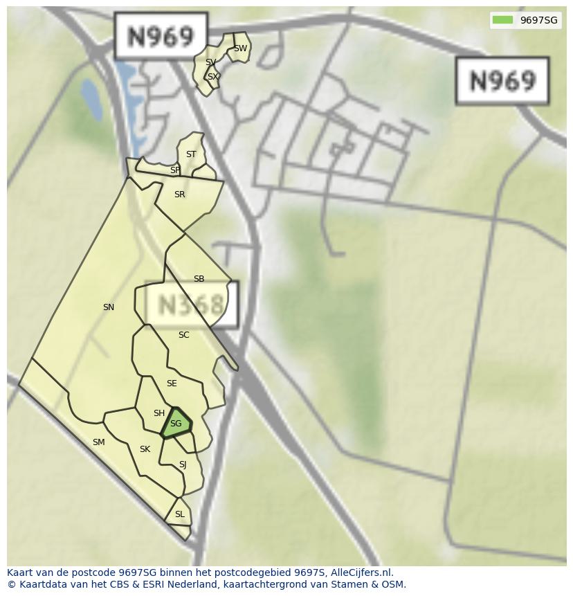 Afbeelding van het postcodegebied 9697 SG op de kaart.