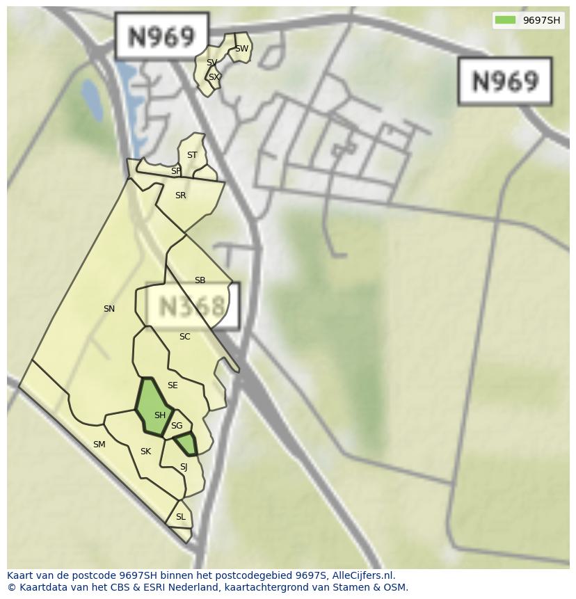 Afbeelding van het postcodegebied 9697 SH op de kaart.