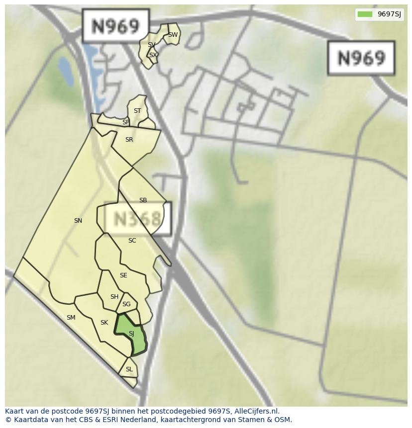 Afbeelding van het postcodegebied 9697 SJ op de kaart.