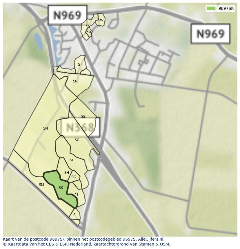 Afbeelding van het postcodegebied 9697 SK op de kaart.