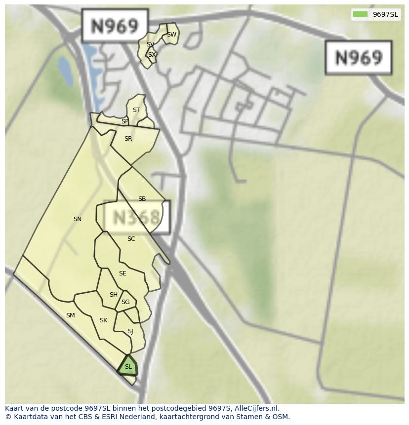 Afbeelding van het postcodegebied 9697 SL op de kaart.