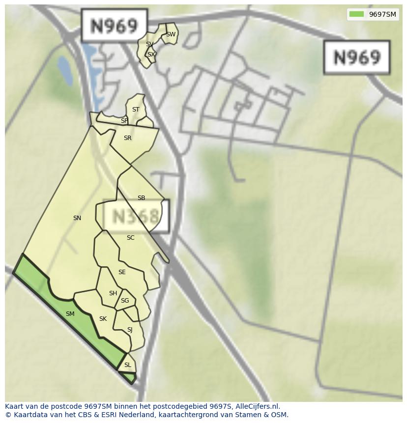 Afbeelding van het postcodegebied 9697 SM op de kaart.