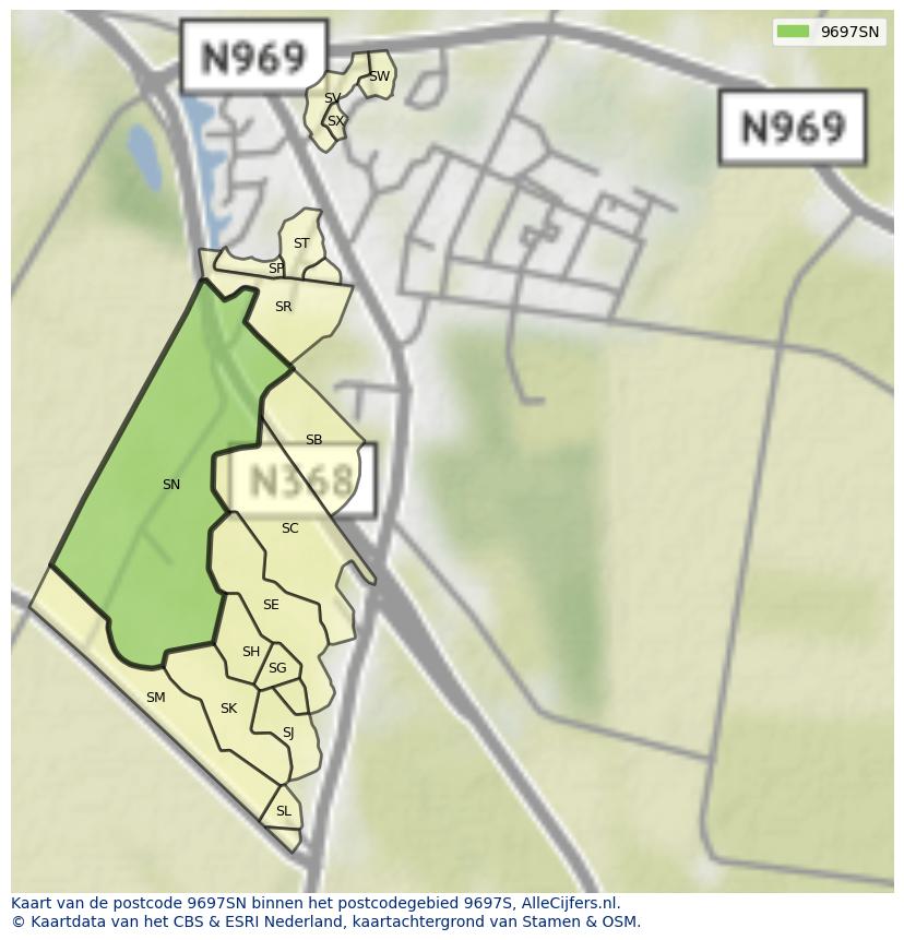 Afbeelding van het postcodegebied 9697 SN op de kaart.