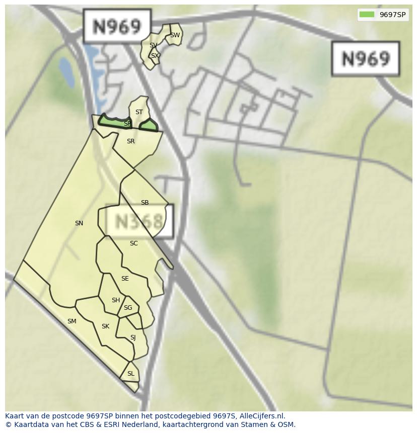Afbeelding van het postcodegebied 9697 SP op de kaart.