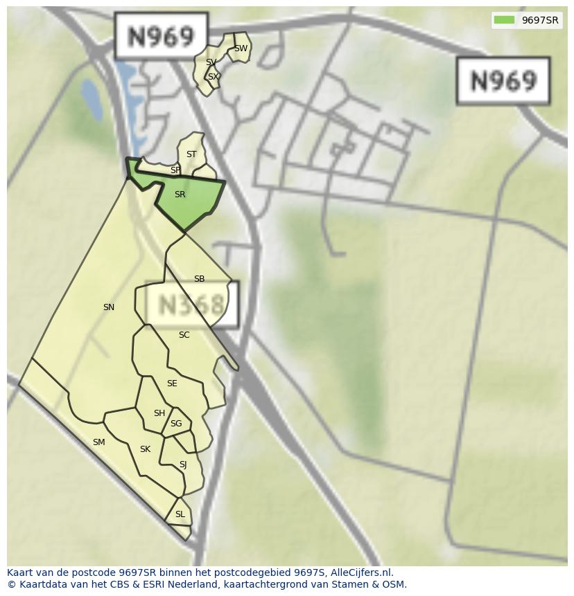 Afbeelding van het postcodegebied 9697 SR op de kaart.