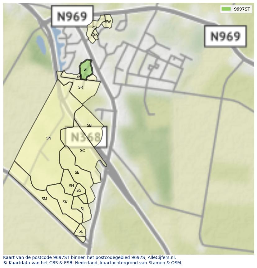 Afbeelding van het postcodegebied 9697 ST op de kaart.