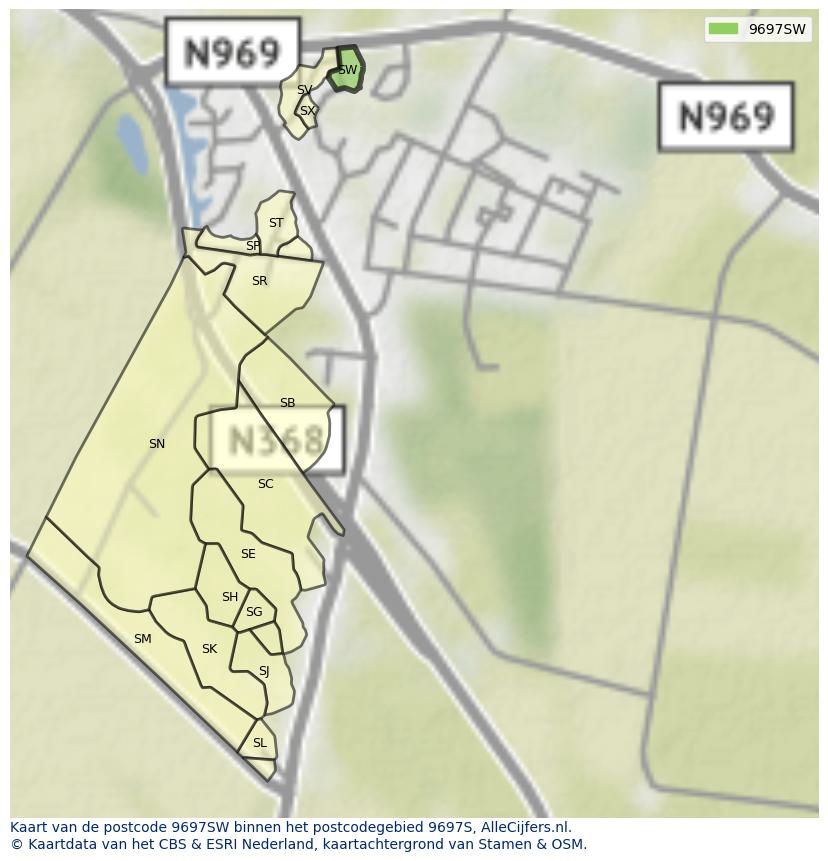 Afbeelding van het postcodegebied 9697 SW op de kaart.
