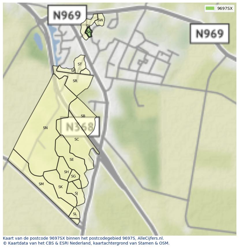 Afbeelding van het postcodegebied 9697 SX op de kaart.