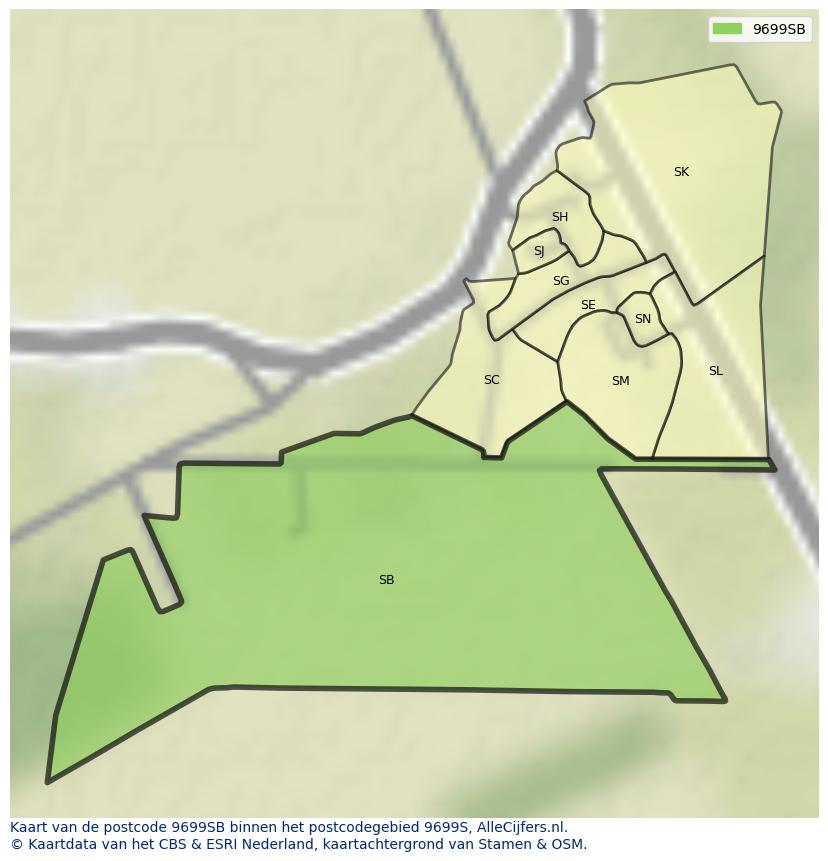 Afbeelding van het postcodegebied 9699 SB op de kaart.