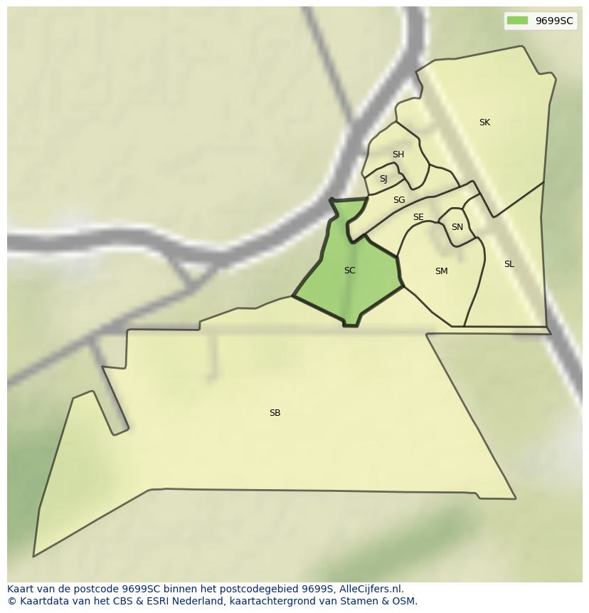 Afbeelding van het postcodegebied 9699 SC op de kaart.