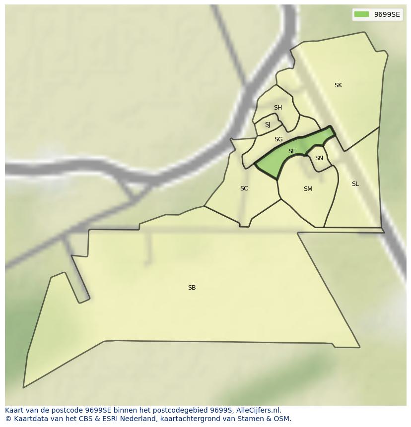 Afbeelding van het postcodegebied 9699 SE op de kaart.