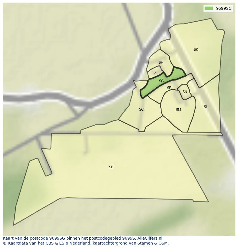Afbeelding van het postcodegebied 9699 SG op de kaart.