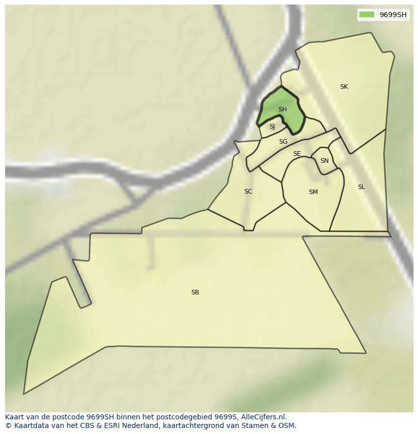 Afbeelding van het postcodegebied 9699 SH op de kaart.