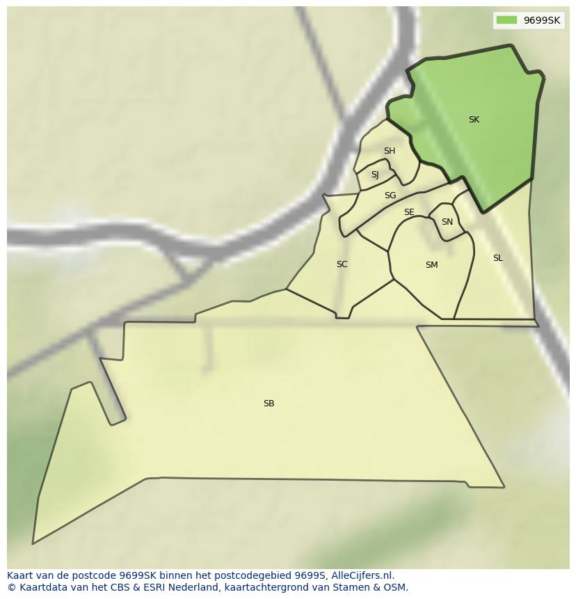 Afbeelding van het postcodegebied 9699 SK op de kaart.