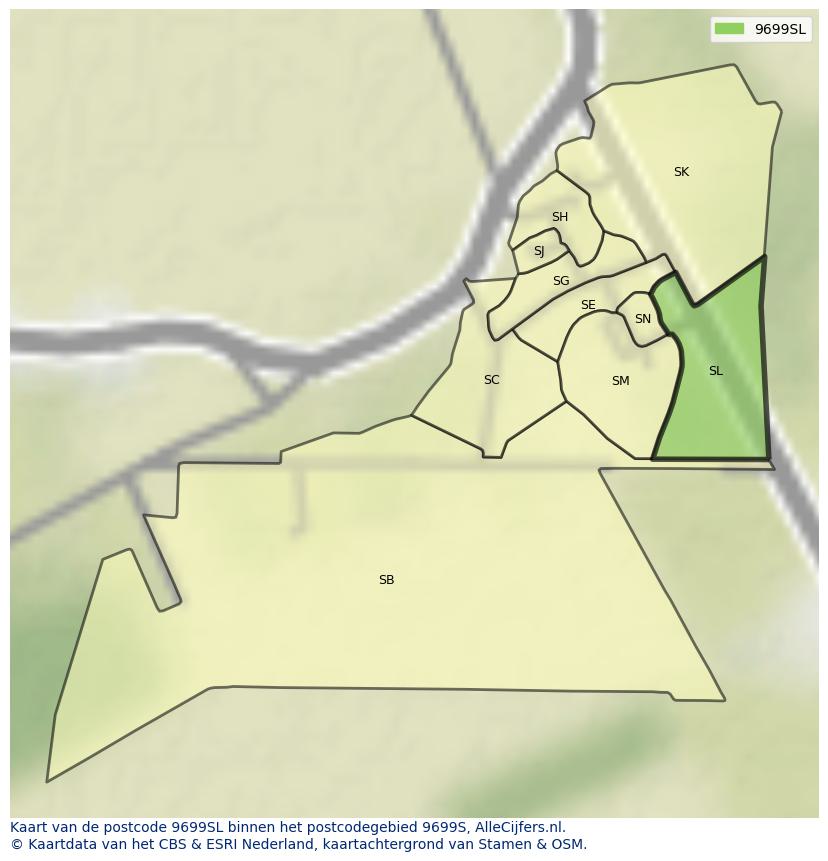 Afbeelding van het postcodegebied 9699 SL op de kaart.