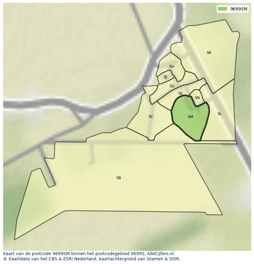Afbeelding van het postcodegebied 9699 SM op de kaart.