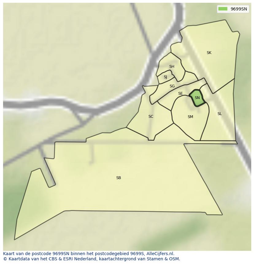 Afbeelding van het postcodegebied 9699 SN op de kaart.