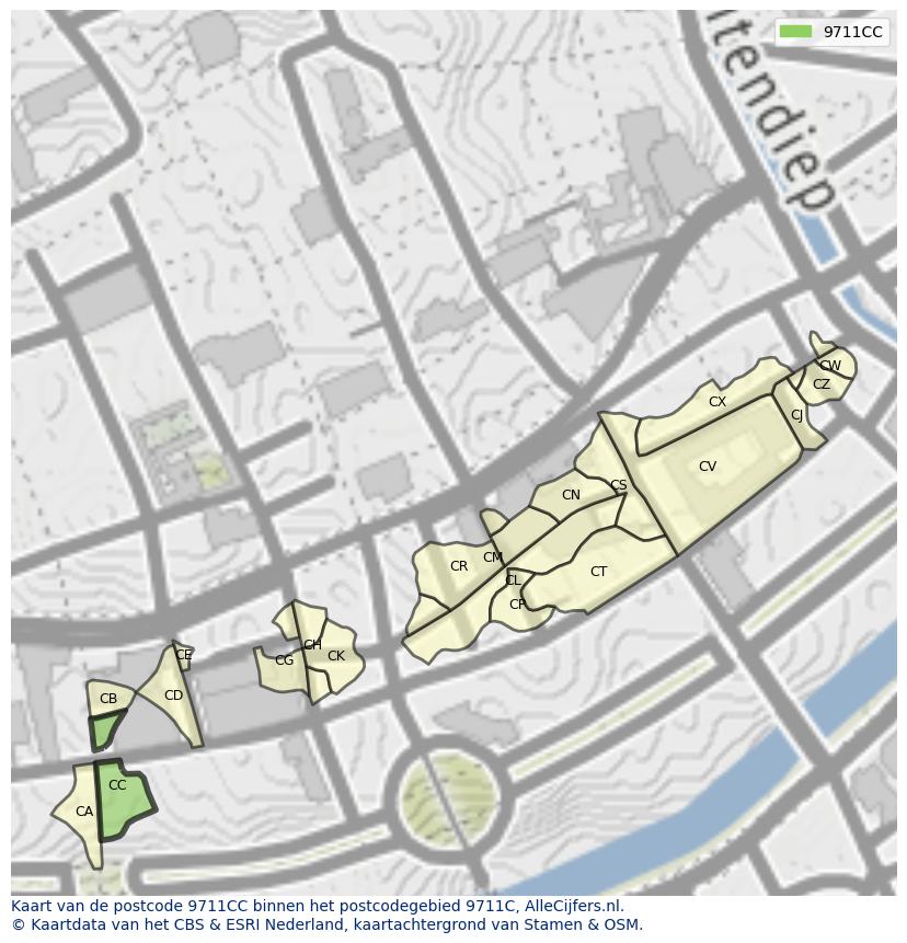 Afbeelding van het postcodegebied 9711 CC op de kaart.