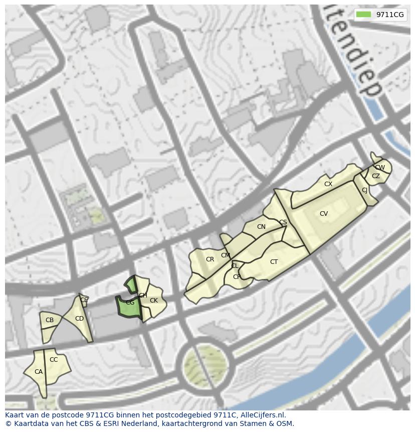 Afbeelding van het postcodegebied 9711 CG op de kaart.