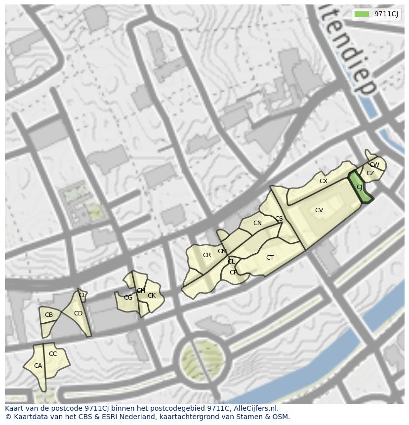 Afbeelding van het postcodegebied 9711 CJ op de kaart.