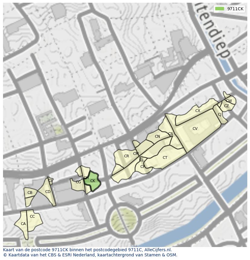 Afbeelding van het postcodegebied 9711 CK op de kaart.