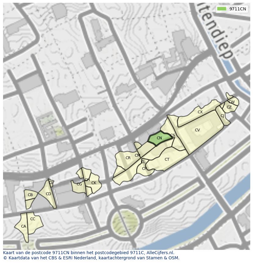 Afbeelding van het postcodegebied 9711 CN op de kaart.
