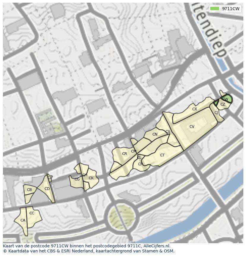Afbeelding van het postcodegebied 9711 CW op de kaart.