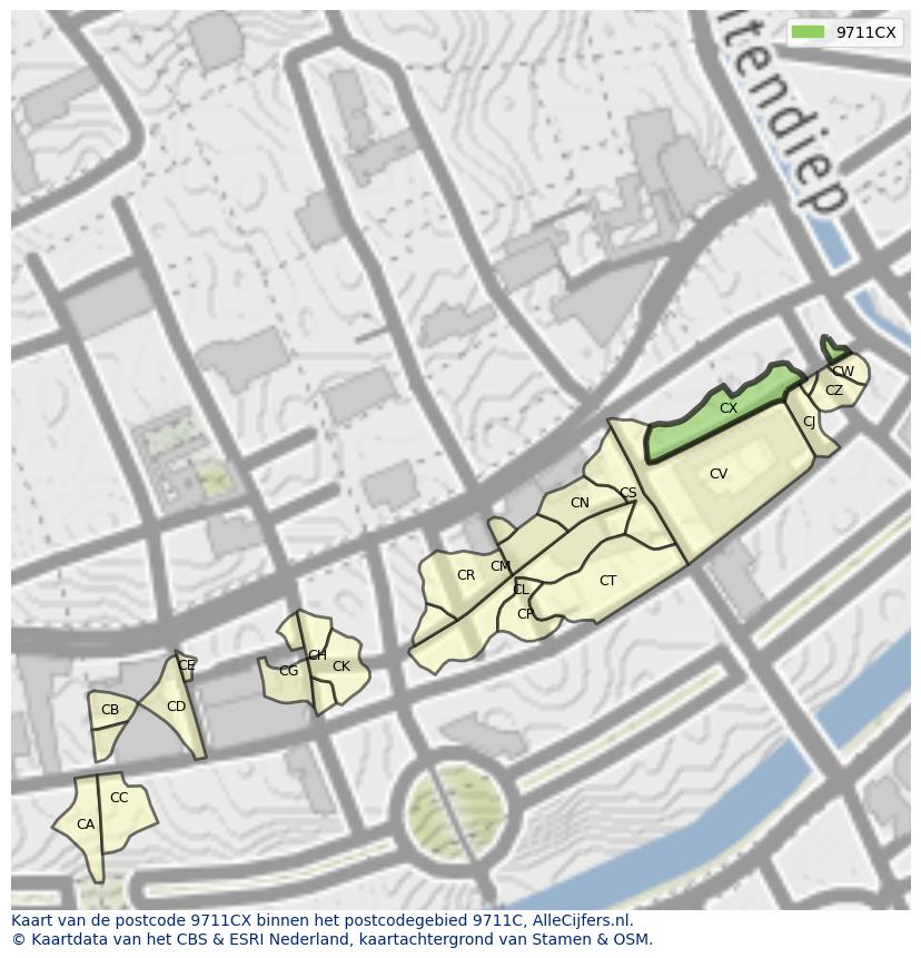 Afbeelding van het postcodegebied 9711 CX op de kaart.