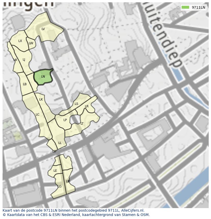 Afbeelding van het postcodegebied 9711 LN op de kaart.