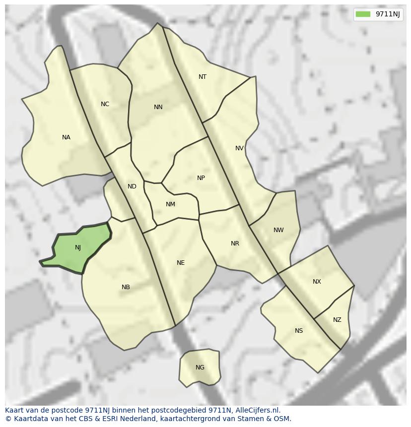 Afbeelding van het postcodegebied 9711 NJ op de kaart.