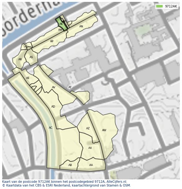Afbeelding van het postcodegebied 9712 AK op de kaart.