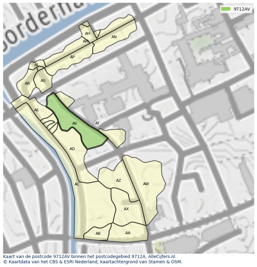 Afbeelding van het postcodegebied 9712 AV op de kaart.