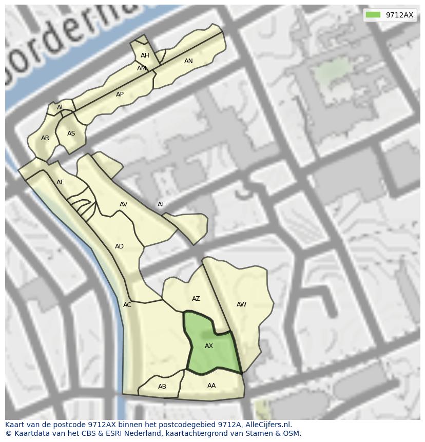Afbeelding van het postcodegebied 9712 AX op de kaart.