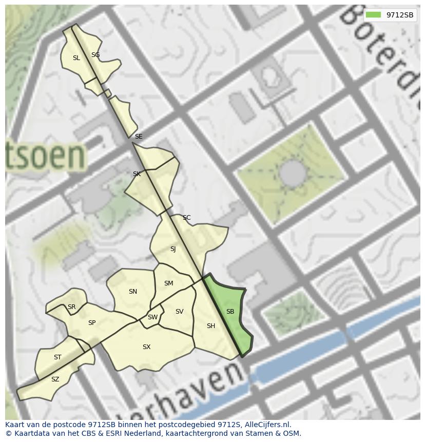 Afbeelding van het postcodegebied 9712 SB op de kaart.