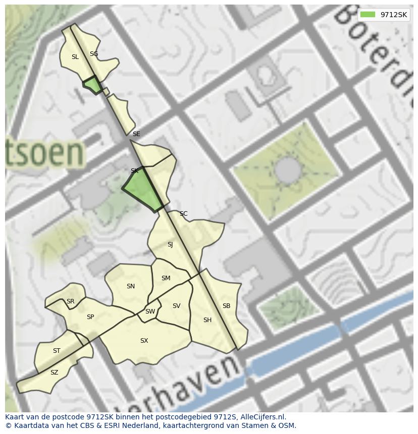 Afbeelding van het postcodegebied 9712 SK op de kaart.