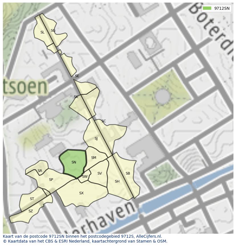 Afbeelding van het postcodegebied 9712 SN op de kaart.