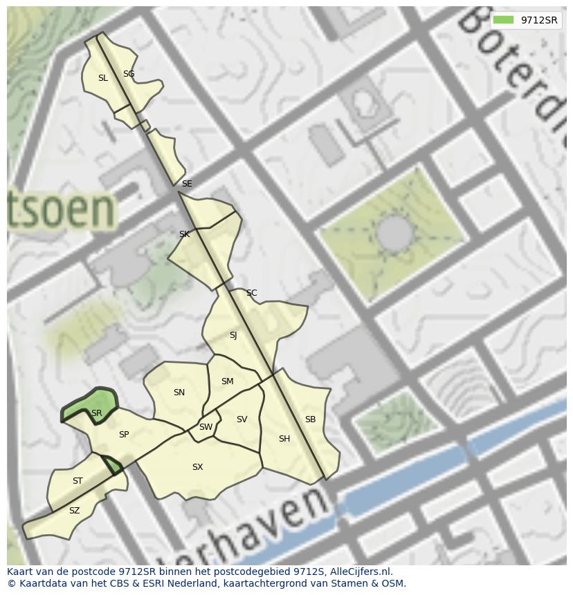 Afbeelding van het postcodegebied 9712 SR op de kaart.