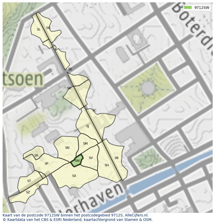 Afbeelding van het postcodegebied 9712 SW op de kaart.