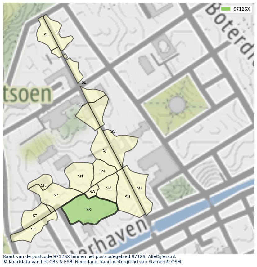 Afbeelding van het postcodegebied 9712 SX op de kaart.