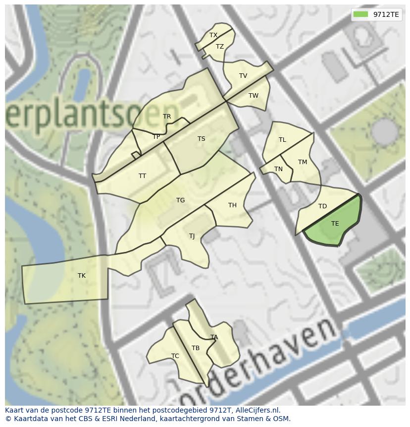 Afbeelding van het postcodegebied 9712 TE op de kaart.