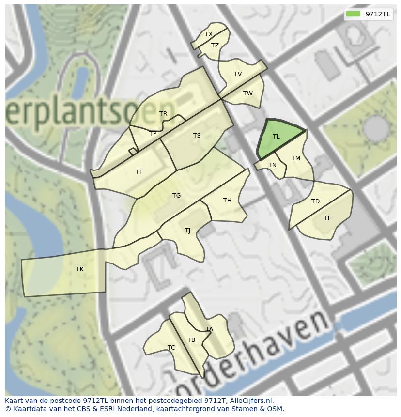 Afbeelding van het postcodegebied 9712 TL op de kaart.