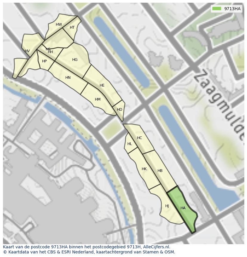 Afbeelding van het postcodegebied 9713 HA op de kaart.