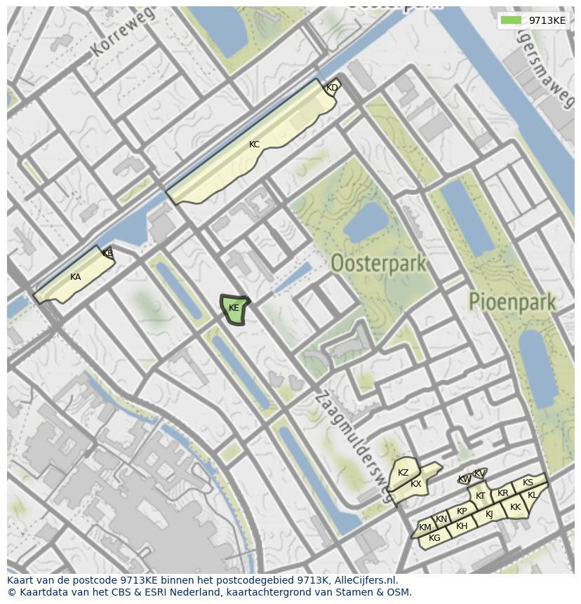 Afbeelding van het postcodegebied 9713 KE op de kaart.