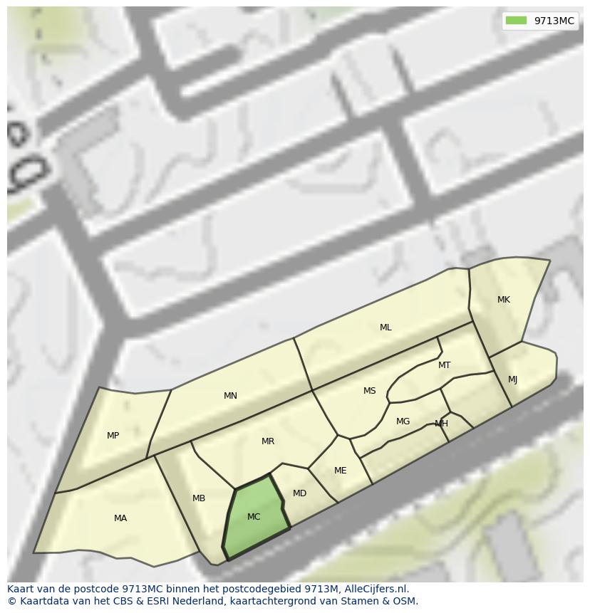Afbeelding van het postcodegebied 9713 MC op de kaart.