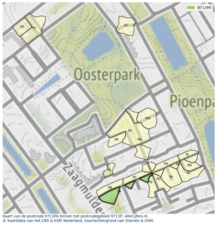Afbeelding van het postcodegebied 9713 PA op de kaart.