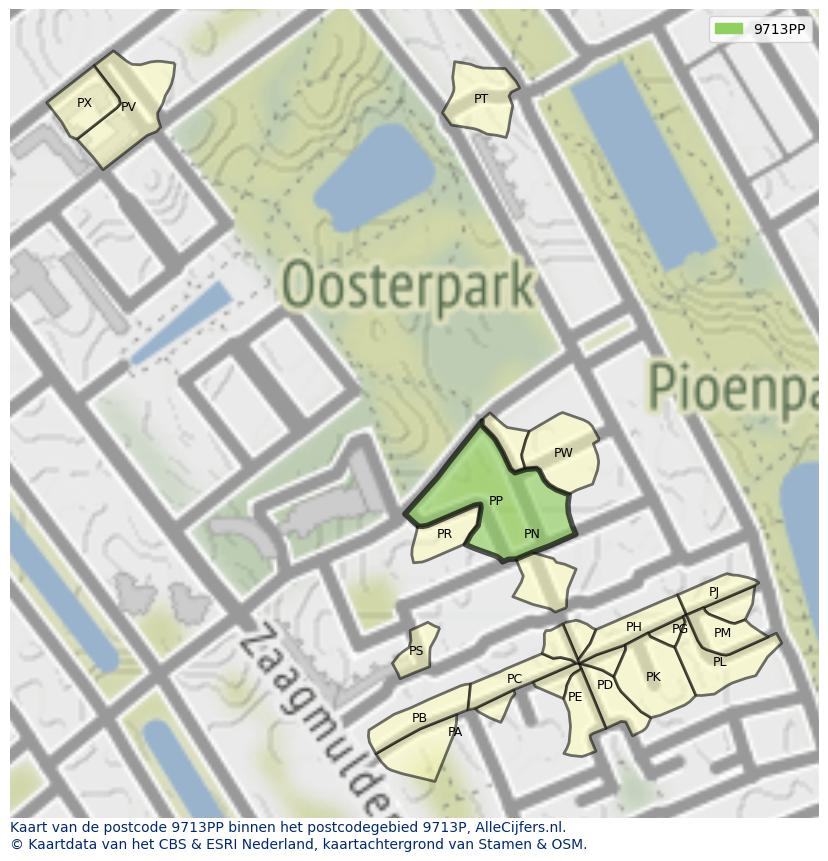 Afbeelding van het postcodegebied 9713 PP op de kaart.
